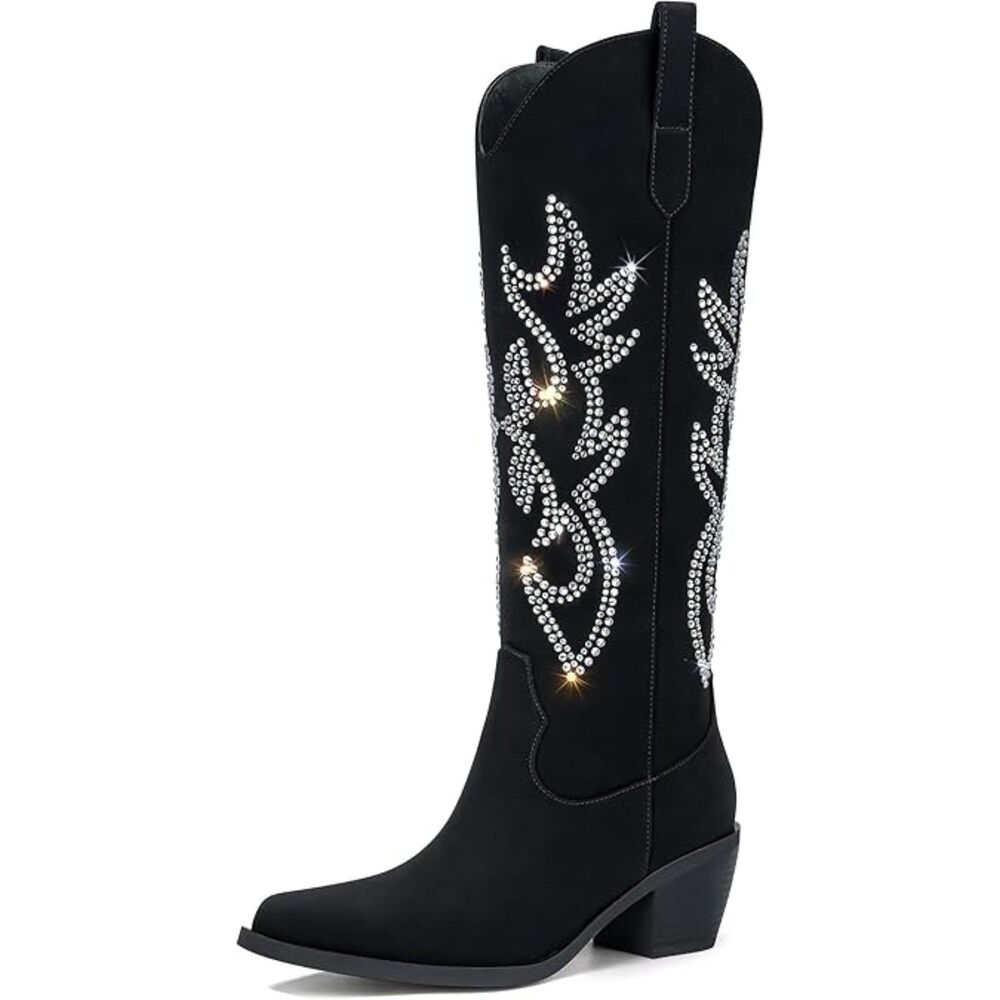 Women's Black High Wide Calf Slip On Pointed Toe Chunky Heel Cowgirl Boots,